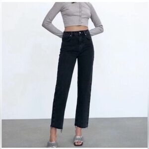 Zara Black Button Fly Hi Rise Raw Hem Straight Leg Jeans Size 2